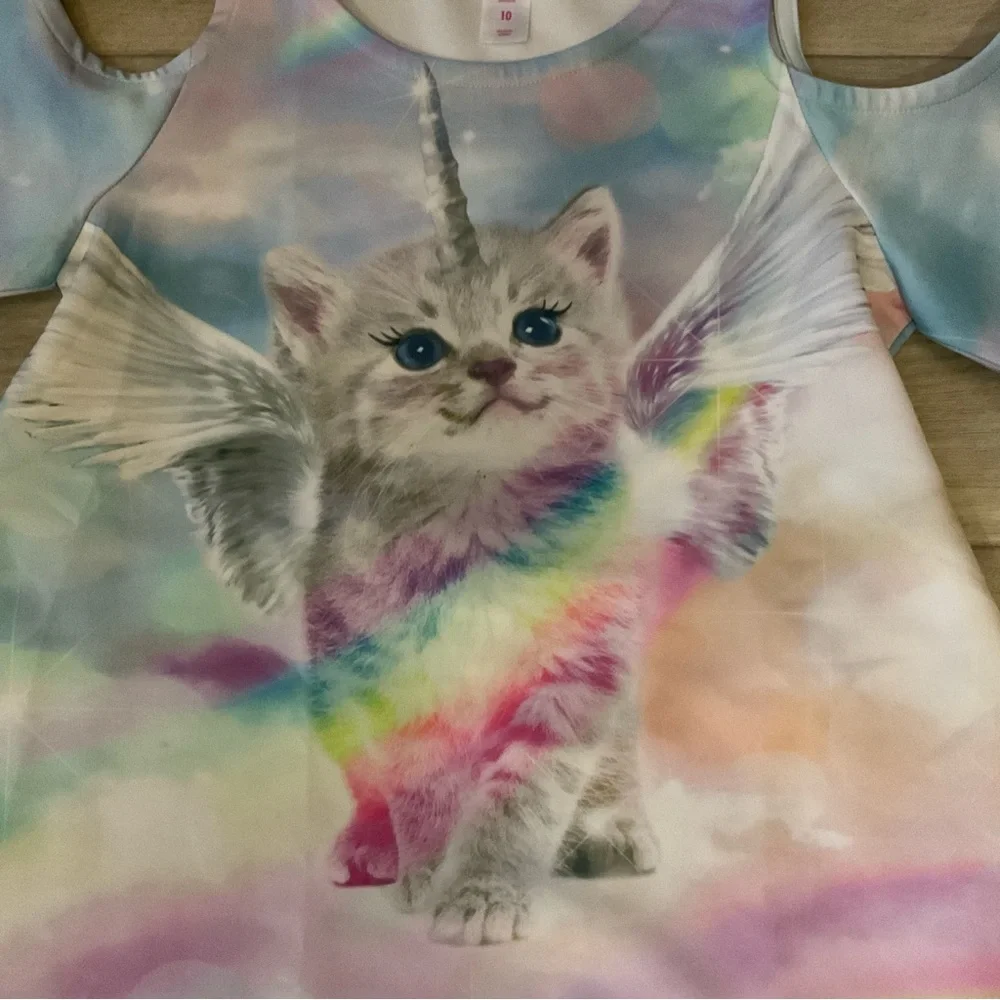 New without tags Justice Unicorn Kitty Cold shoulders dress (pink, purple, blue)